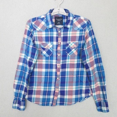 American Eagle Outfitters Shirt Womens M Blue Pink Plaid Button Up Long Sleeve