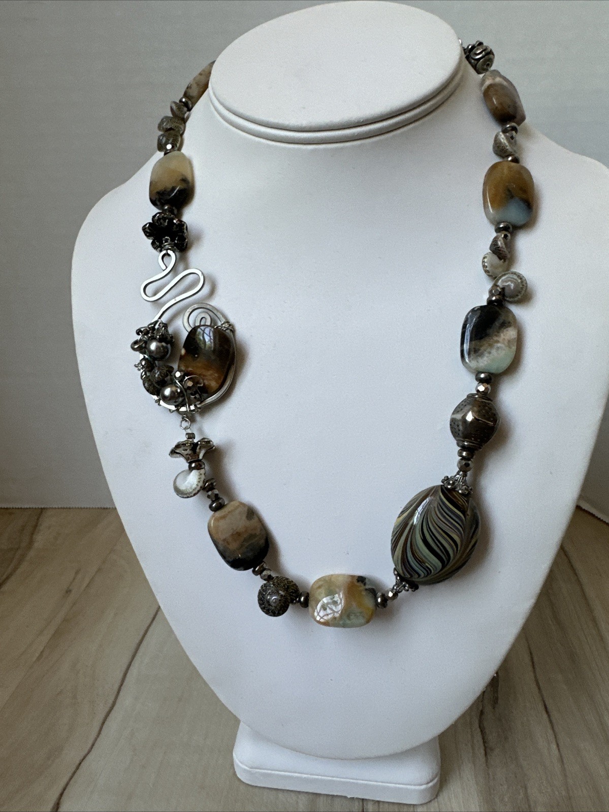 Agate Brown Gray Gemstone Shell 925 Sterling Silv… - image 1