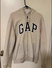Gap Men  s Gray Full Zip Hooded Fleece Hoodie Logo Pockets Size L