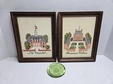 Vintage Cross Stitch Framed Colonial Williamsburg VA Glass Jamestown Paperweigt
