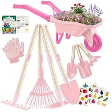 Kids Gardening Set with Wheelbarrow, Real Metal Garden Tools for Kids Ages Pink