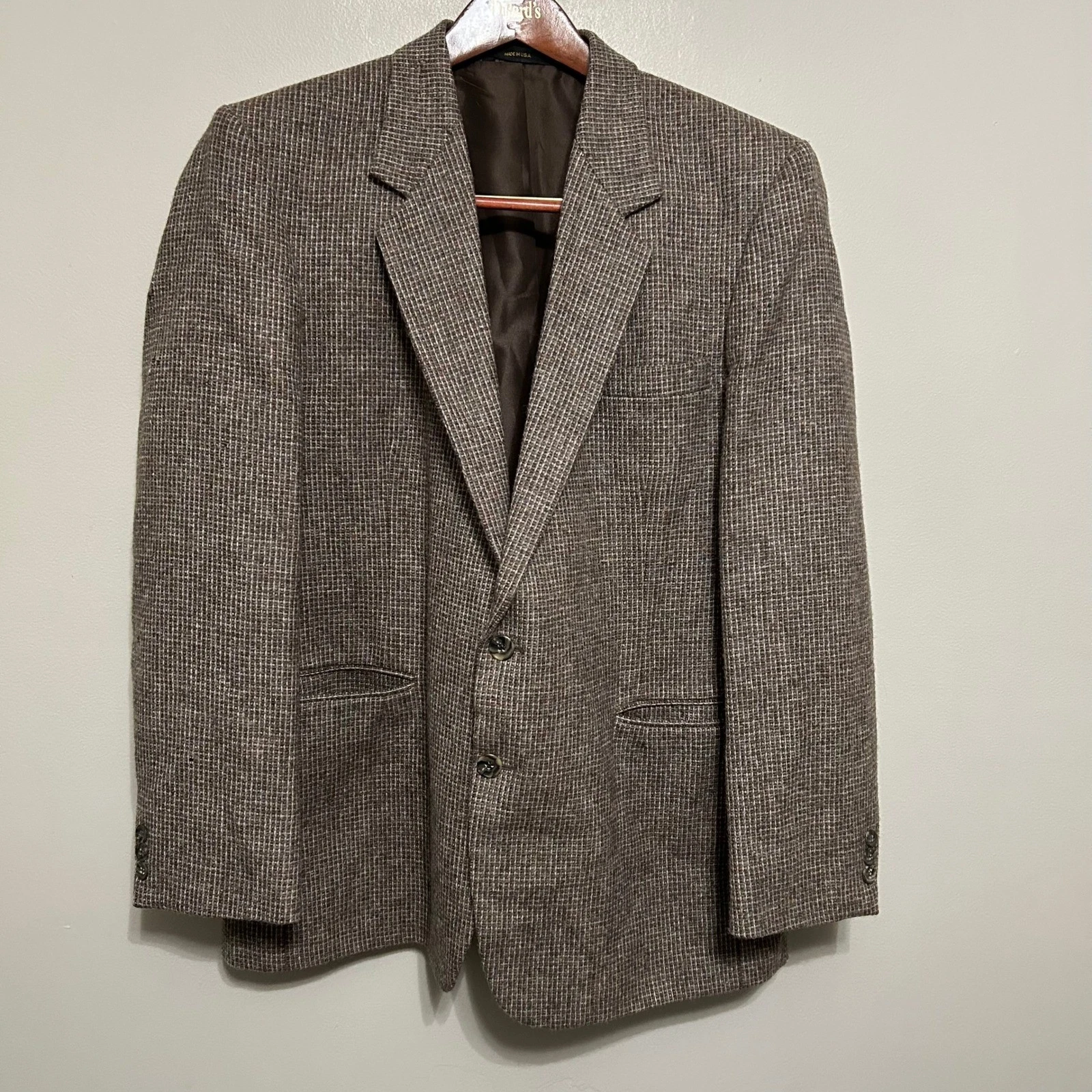 Gallery by Haggar Mens Sport Coat Blazer 44 Brown Plaid Striped 100% Wool USA