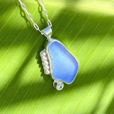 Blue Genuine Caribbean Sea Glass Pendant Silver Necklace