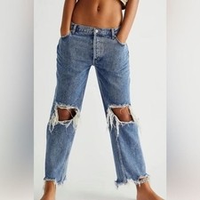 Free People Maggie Mid-Rise Straight-Leg Cropped Jeans Blue Sz 32