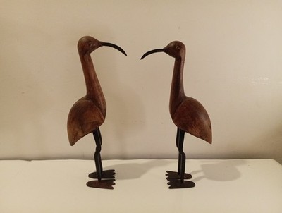 Paar alte handgeschnitzte Holz Ibis Kranich Reiher? Vögel Volkskunst Skulpturen
