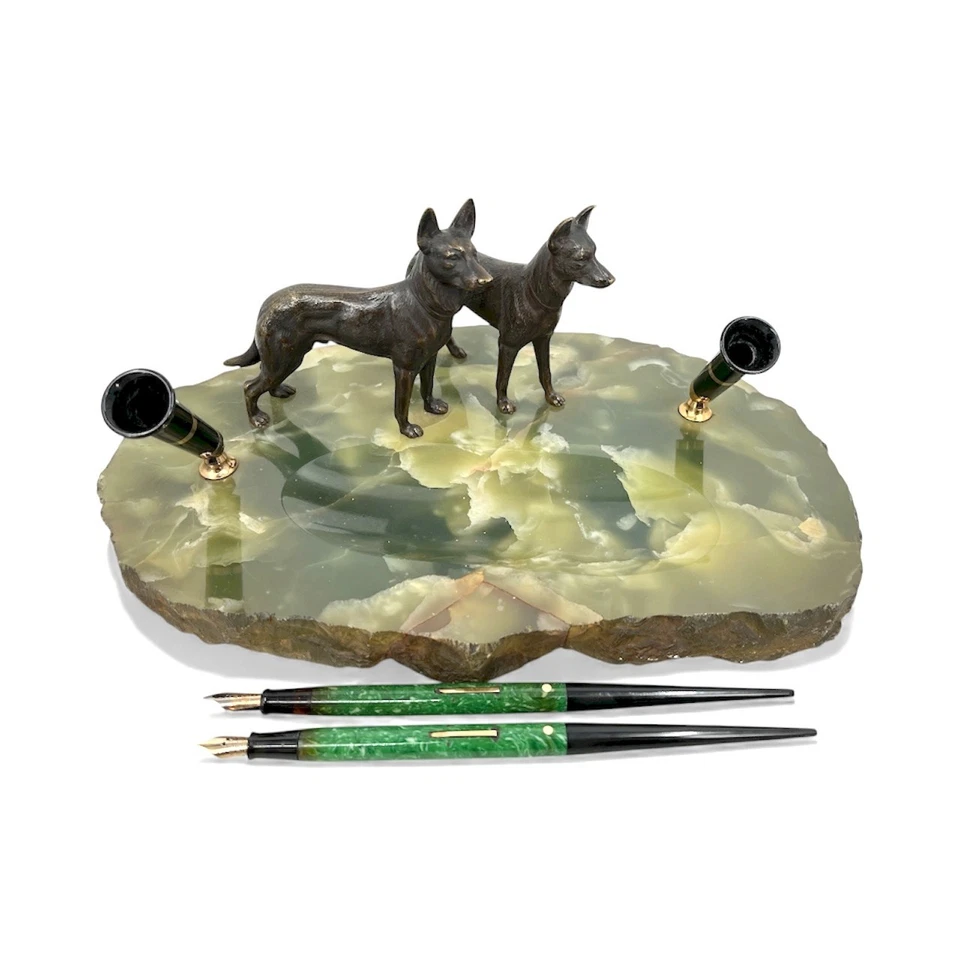 Antique circa 1929 Sheaffer Fountain Pen Desk Set Bronze German Shepherd Dogs - Image 2 of 4