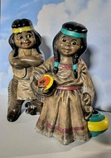 Hand Painted Native American Boy & Girl 8" Ceramic Figurines Byron Molds Vintage