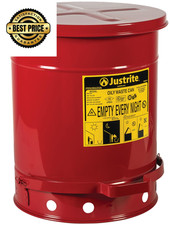 Justrite 10 Gallon Galvanized Steel Oily Waste Can, 18" x 14" 10 Gallon, Red