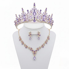 Purple Gold Bridal Necklace Earring and Tiara Set, Wedding Purple Crown Set