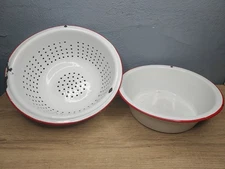 Vintage Enamelware Mixing Bowl Colander White Red Trim Strainer Cottage Kitchen