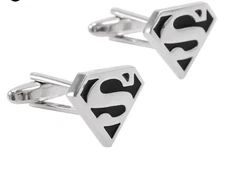 Superman Cuff links One pair Super Hero Comic Silver Tone Black Enamel Copper