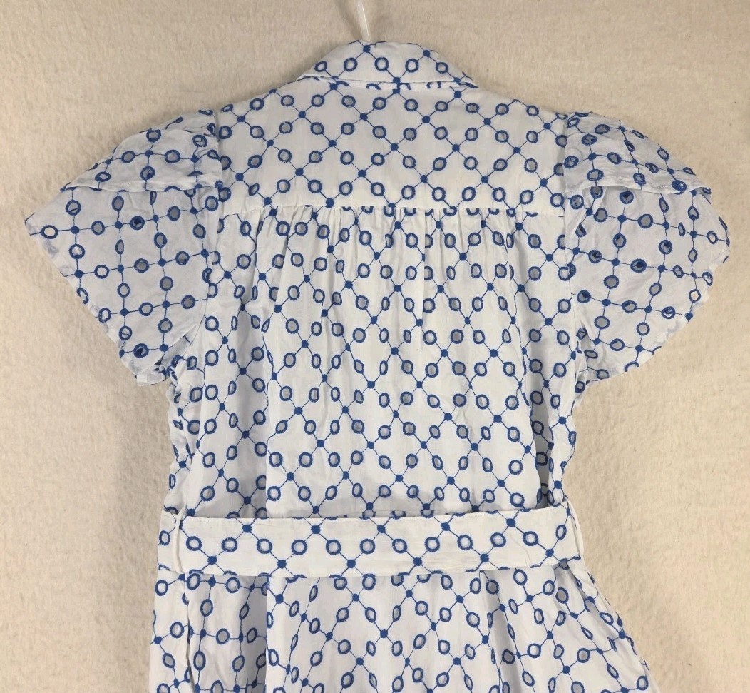 Alexis Women's Casual Dress White w/ Blue Eyelet Embroidered Sz Sm - Belted