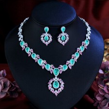 Green Teardrop Pink Leaf Dangle Necklace Earrings Silver Plated CZ Jewelry Set