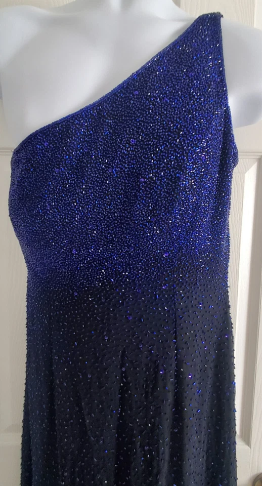 SEAN COLLECTION Vestido de Noche 100% Seda Un Hombro Cuentas, Tonos de Azul,Negro  Foto 2 de 4