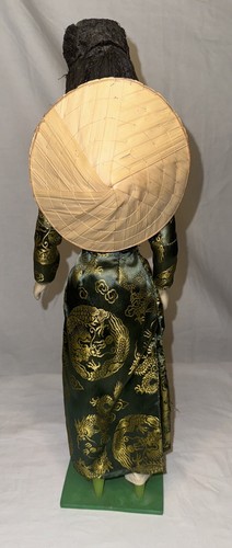 1960er Jahre vietnamesische Puppe Kriegszeit Souvenir traditionelles grünes Kleid stehend 16 Zoll Vintage - Bild 12 von 15