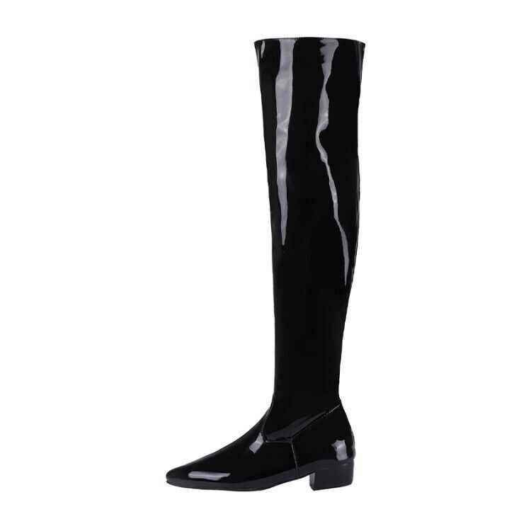 Womens Flat Heels Over The Knee Stretch Thigh High Boots Patent Leather