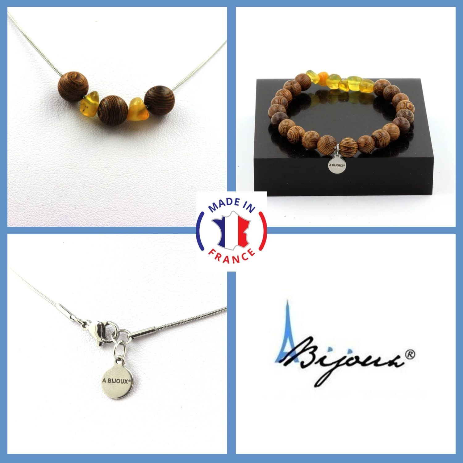 Parure bijoux en pierres et minéraux d'opale jaune et perles de bois de 8mm