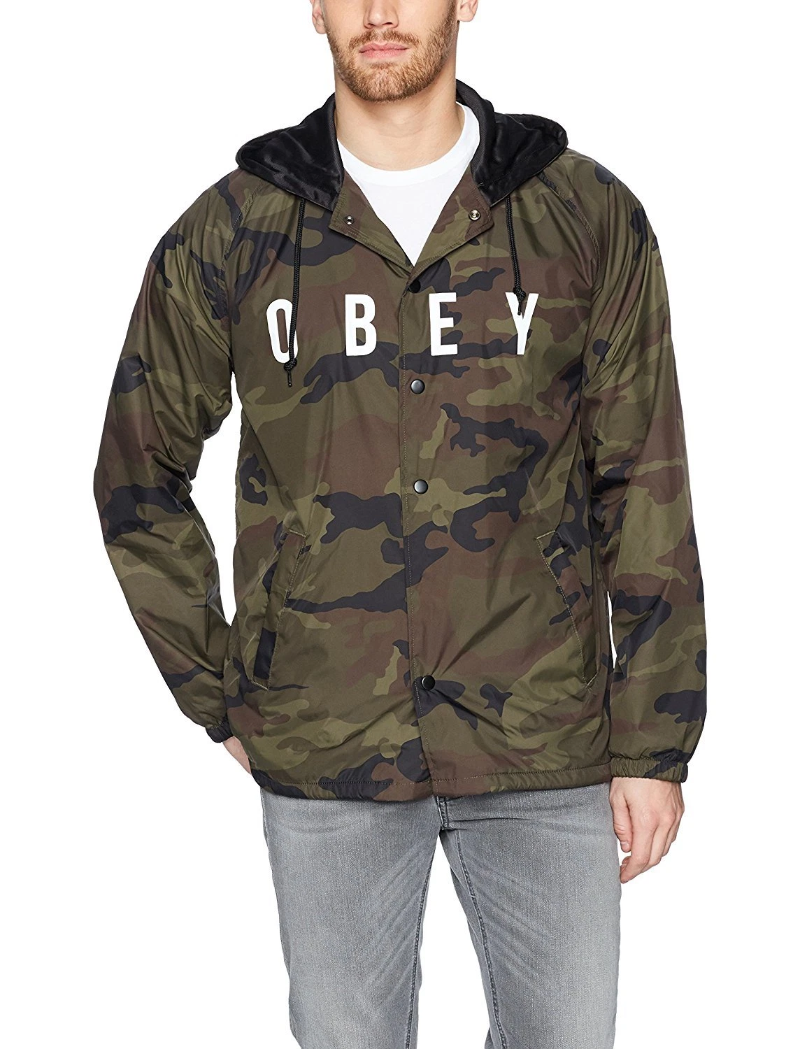 COACH Giacca Allenatore Obey ANYWAY Mimetica Stampa Bianca Con Cappuccio Abbottonata Uomo