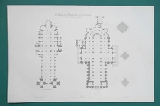 FRANCE Floor Plans of Six Gothic Cathedrals - Three (3) 1840 SCARCE Litho Prints