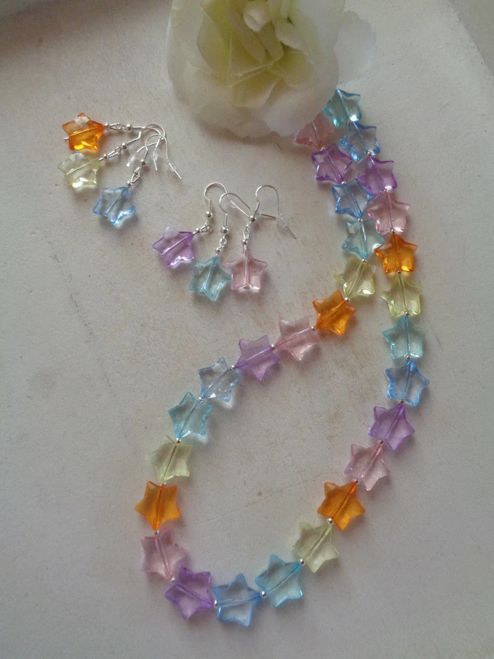 Elegantes Schmuckset :Kette od. Ohrhaken "Stern" bunt silber 