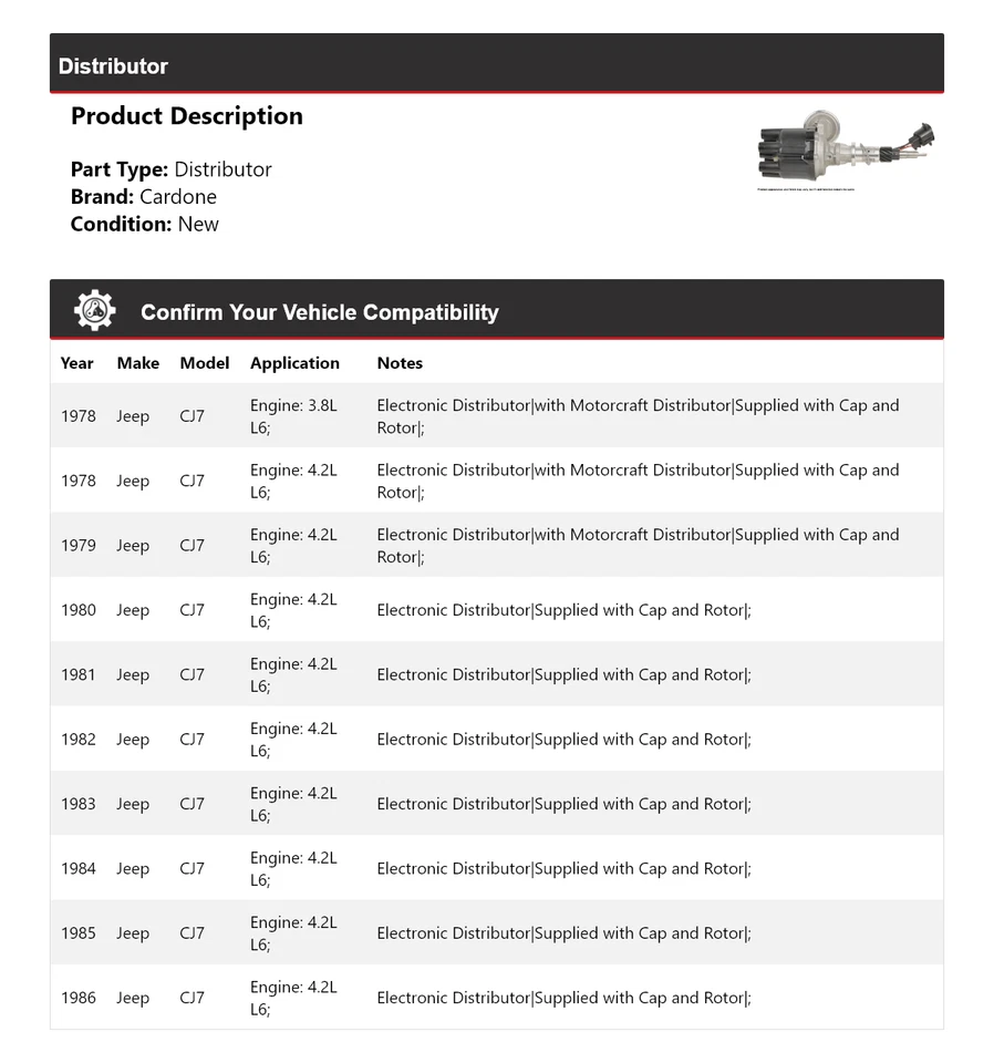 Para 1978-1986 Jeep CJ7 Distribuidor Cardone 1979 1980 1981 1982 1983 1984 1985 - Imagem 2 de 4
