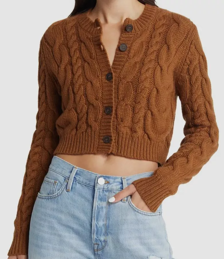 $448 FRAME Women's Brown Cable Knit Button-Down Wool Cardigan Sweater Size L