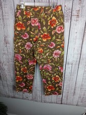 Talbots Stretch Cropped Pants Women's 8 Green Floral Print Cotton Pockets