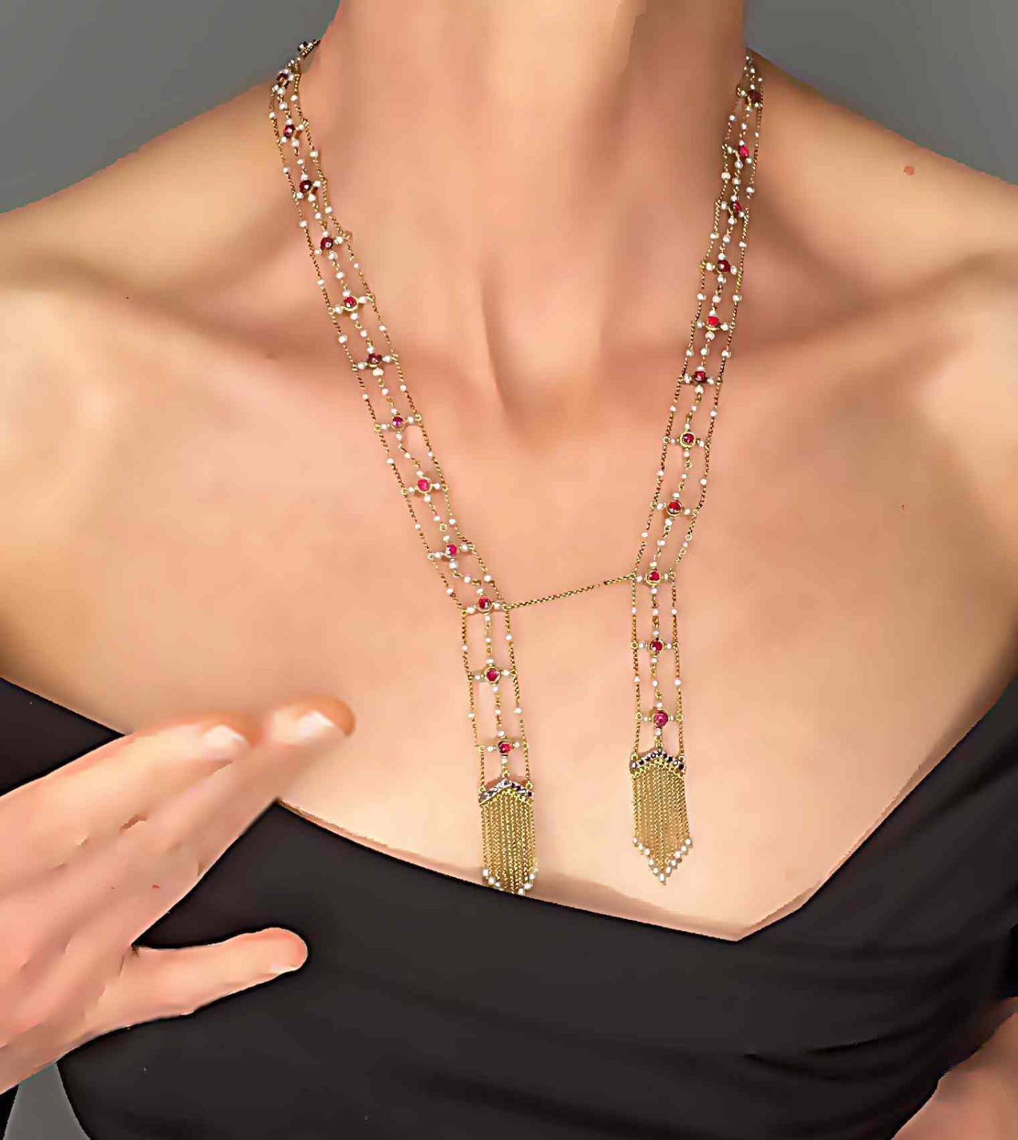 Victorian Ruby Sapphire Pearl 14K Yellow Gold Negligee Necklace Festoon Fringe image 3