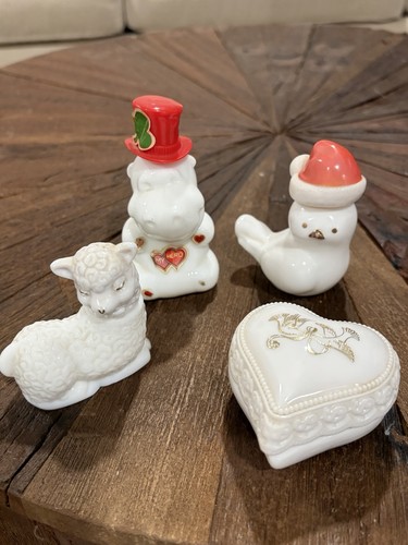 Avon Vtg Lot of 5! Milk Glass Bottles. Hippo, Bird Lamb, Love Birds, Mouse