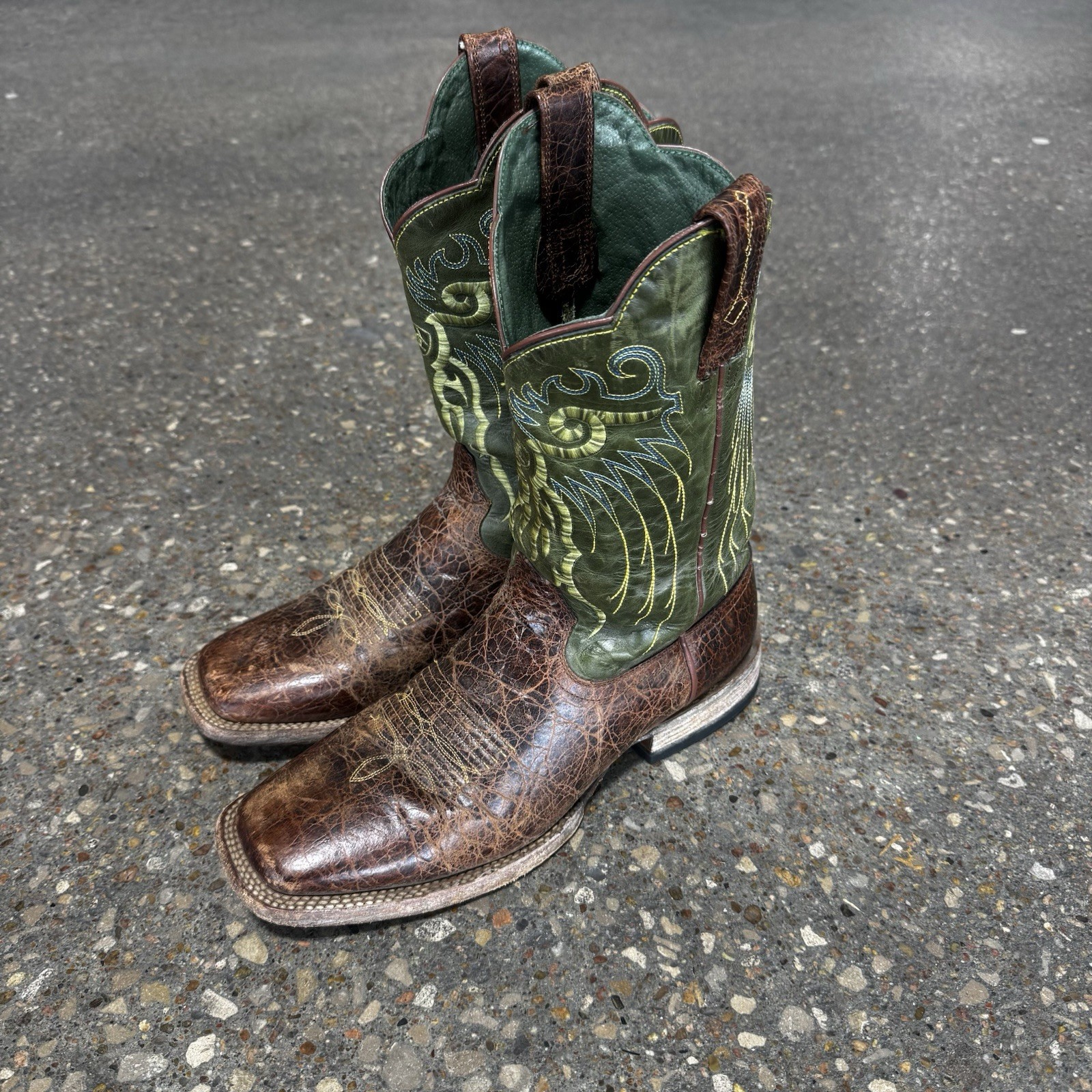 S Brown Green Leather Western Sqaure Toe 11.5 D 10006841
