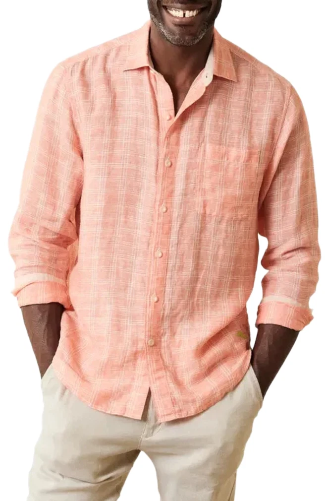 Tommy Bahama Ventana Plaid Linen Button Down Shirt Mens Large Dark Coral
