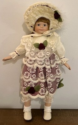 Vintage Kate s Porcelain Doll Floral Dress Hat 16'' Tall Nantucket Dist Co