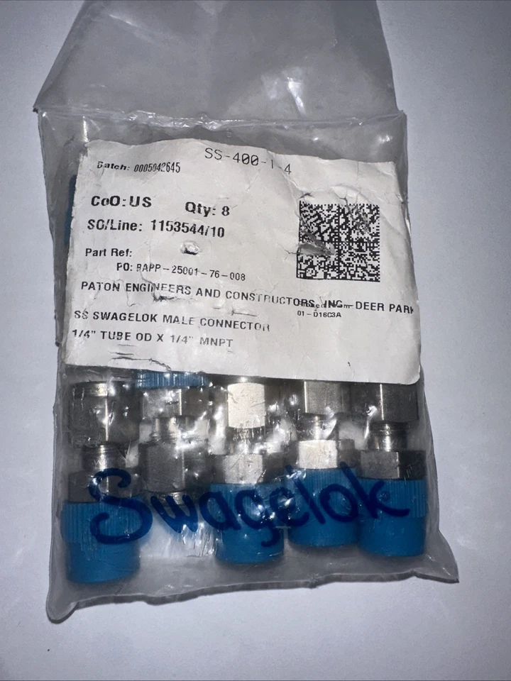 Lot of 8: Swagelok 1/4" X 1/4" Stainless Steel Tube Fitting SS-400-1-4 New - Image 2 of 4