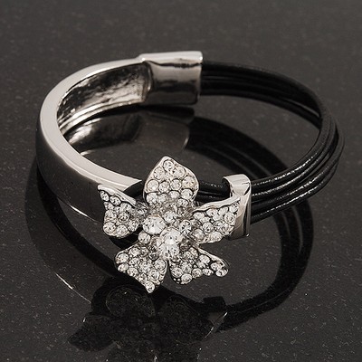 Silberfarbenes Lederbandarmband mit Diamanten Blume - 17 cm Länge