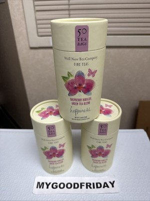 WELL NOW TEA CAFFEINATED RASPBERRY HIBISCUS GREEN TEA -3 tubes-150 Bags Exp:1/29