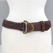 Vintage 1970s Womens Wide Braided Leather Belt Dark Brown Double D-Ring Boho 32"