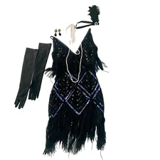 1920s Gatsby Sequin Fringed Flapper Dress with 20s Accessories Set