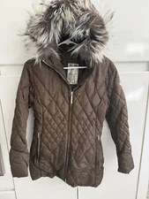 Women's Post Card Brown Quilted Down Fur Trim Puffer Jacket Coat Size 4
