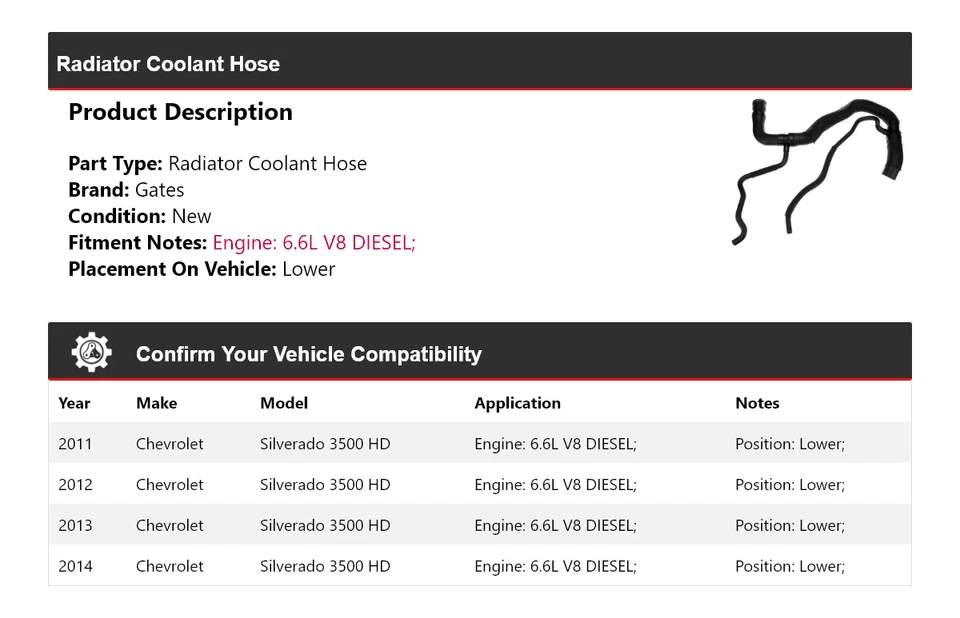 Para 2011-2014 Chevrolet Silverado 3500 HD radiador líquido de arrefecimento mangueira portões inferiores 2012 - Imagem 2 de 3