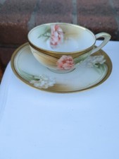 Antique Vintage RS Germany Prussia Carnation Floral Gold Trim Tea Cup Saucer