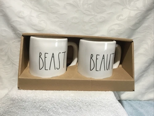 Rae Dunn “BEAST & BEAUTY “ Ceramic Coffee Mugs Set of 2 by Magenta HTF Rare NIB.