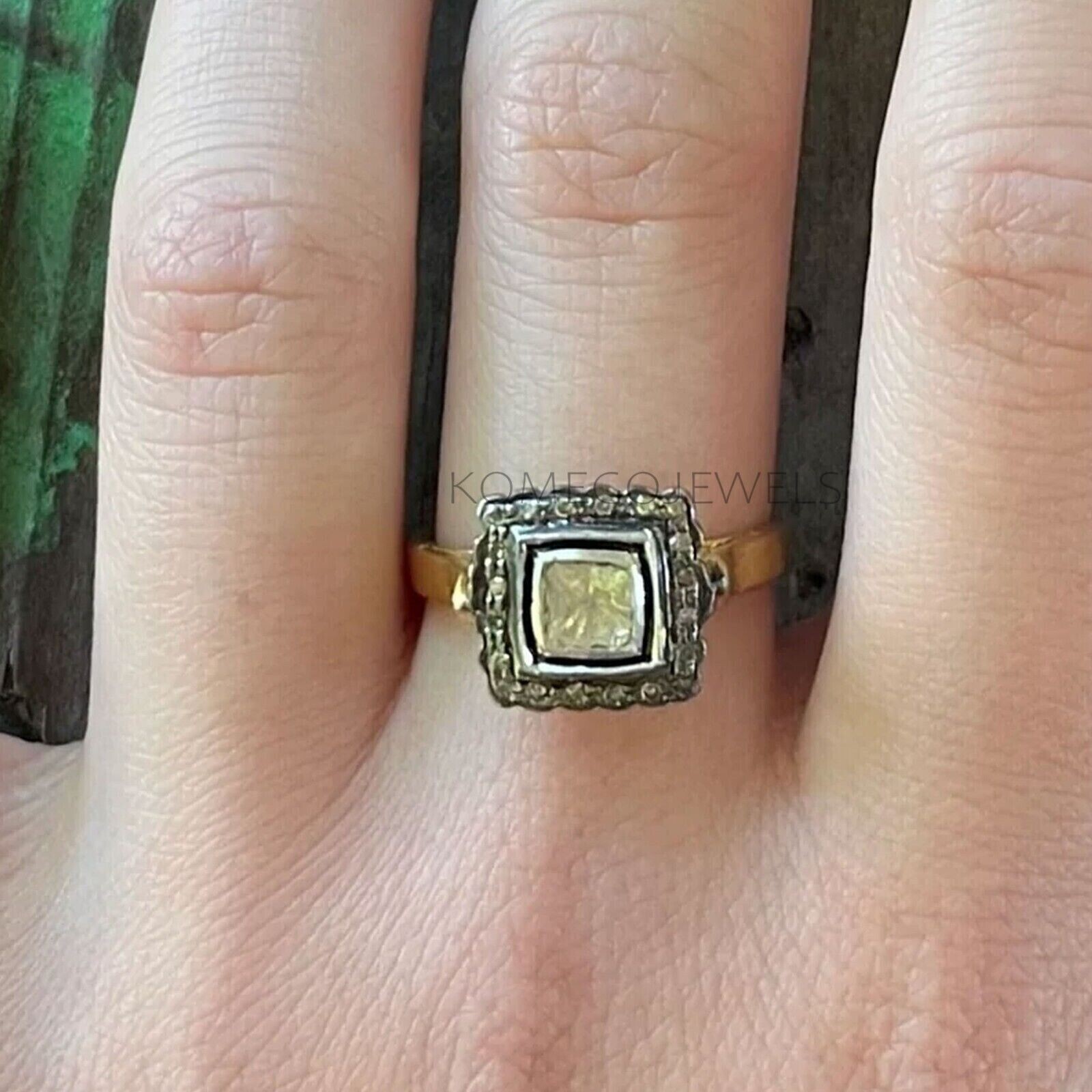 Stunning Natural Polki and Pave Diamond Slice Engagement Ring Perfect Gift for Her-image