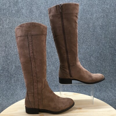 Nine West Boots Womens 7 M Meadow Tall Riding Brown Suede Side Zip Block Heels