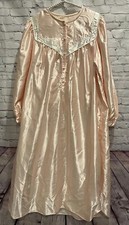 VTG 90  s CACHET Sears Women  s Pink Satin Laced 1/2 Button Up Slits Night Gown M