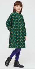 Uniqlo Marimekko Emerald Green & Orange Floral Girls Flannel Dress, Sz 9-10