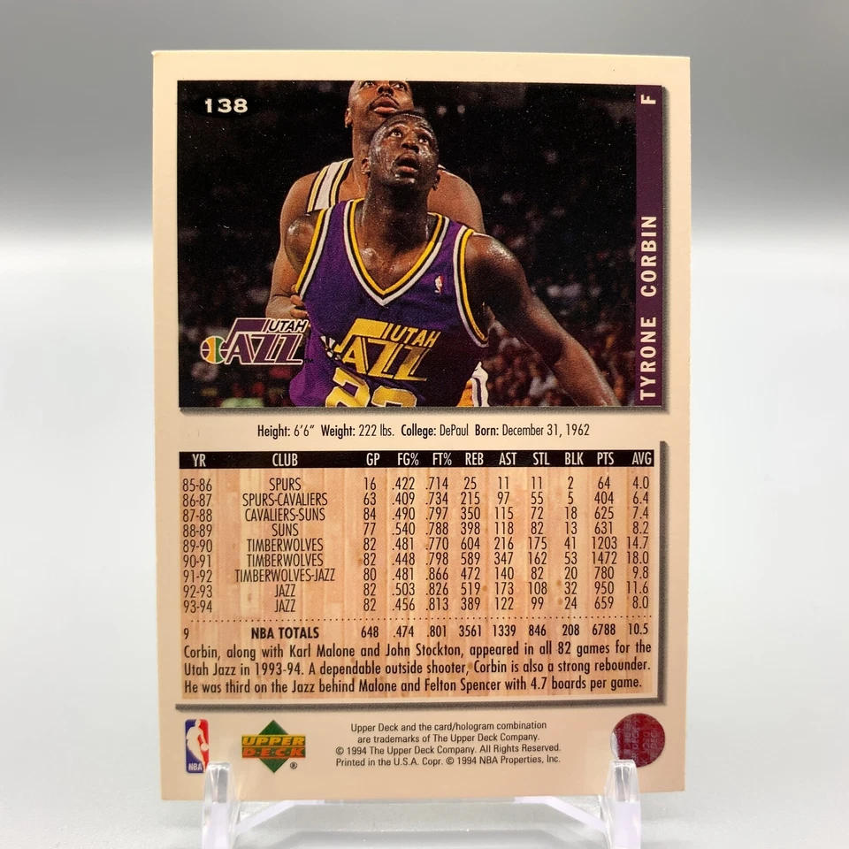 Tyrone Corbin Jazz Basketball Trading Card No.138 Upper Deck bb658 - Image 4 of 4