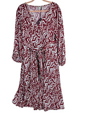 Ava & Viv Plus 1X Burgundy Swirl Print Midi Dress Balloon Sleeve Belted Trendy