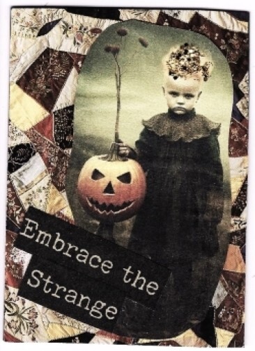 ACEO Art Trading Card ATC Original Halloween Collage Child Pumpkin Mixed Media