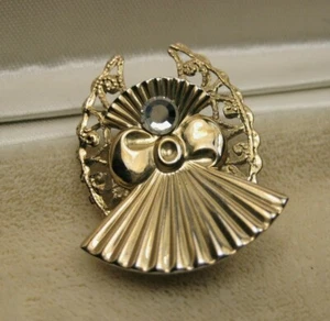 Vintage Gold Textured Clear Christmas Rhinestone Angel Filigree Wing Pin Brooch