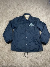 Vintage Chevron Oil Windbreaker Jacket Medium Mens Blue Snap Front 80s USA Made